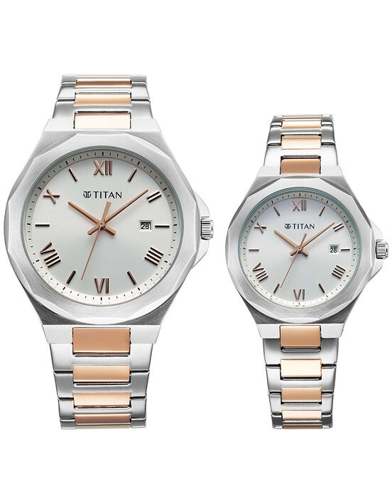 Titan Couple BANDHAN Silver Analog with Date Quartz watch SKU ID 9401094210KM01 Helios The Watch Store