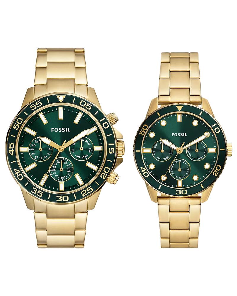Fossil Bannon Round Green Couple Watch Set