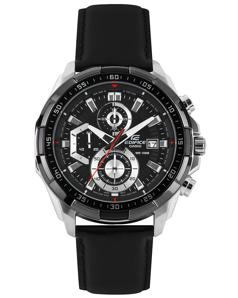 Casio Men Edifice Stainless Steel Case Black Leather Strap