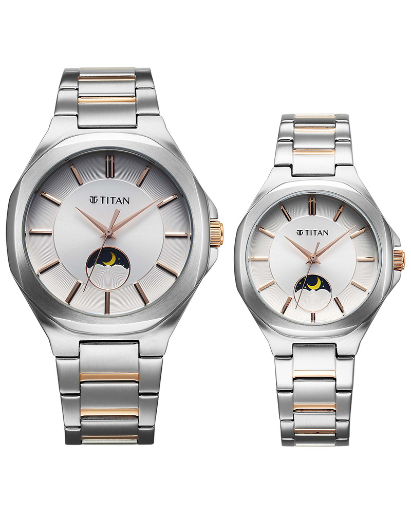 Titan Bandhan Round Silver Couple Watch Set